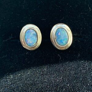 Sterling Silver 925 Blue Opal Stud Earrings Oval Bezel Vintage Style